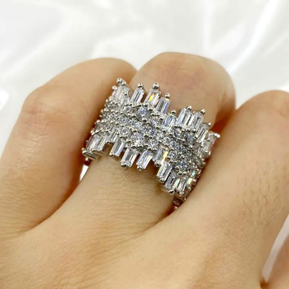 Sterling Silver Eternity Band Ring, Baguette, Micro Paved, Cubic Zircon, Luxury - Picture 3 of 13